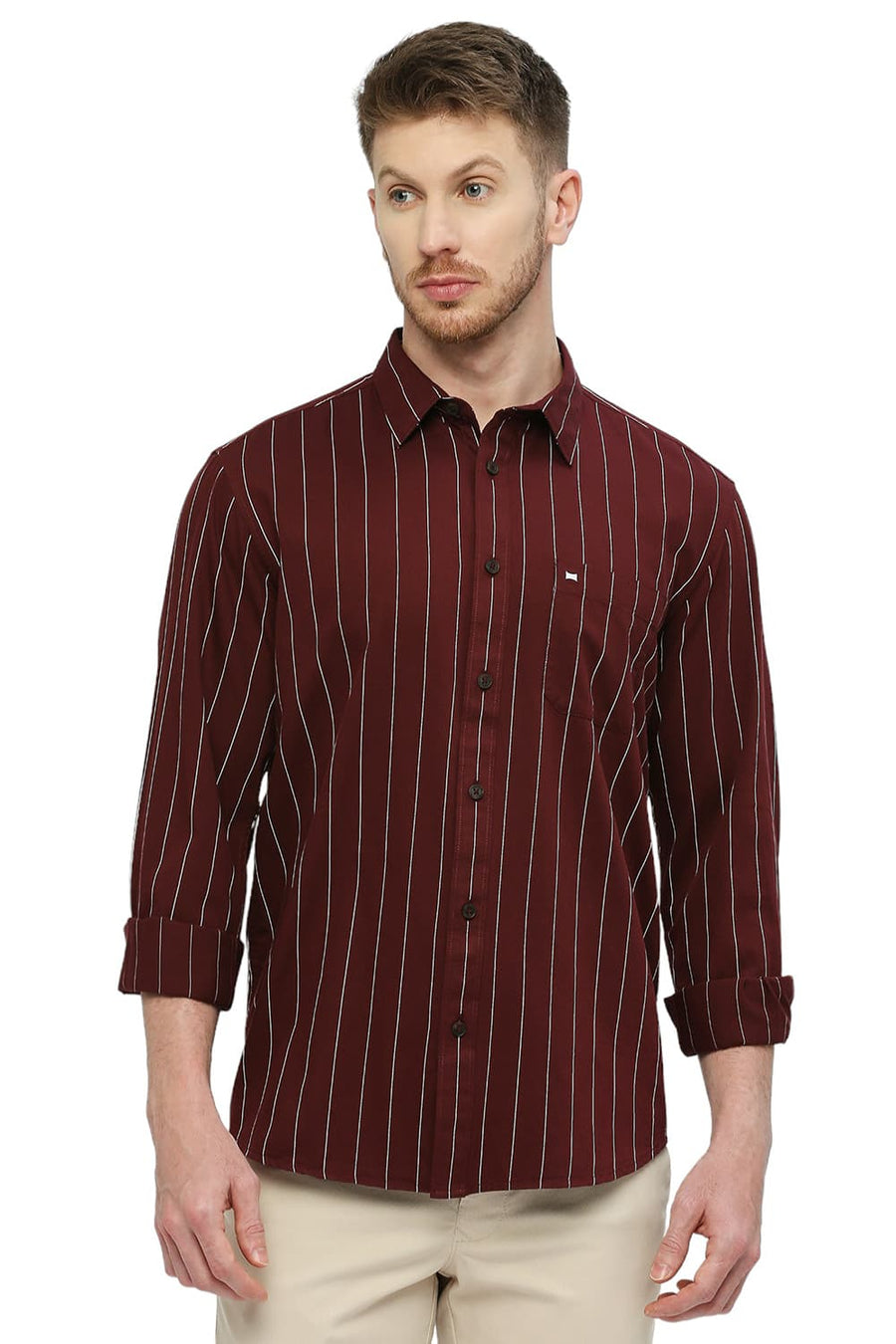 BASICS SLIM FIT POMEGRANATE WINE COTTON TWILL STRIPES SHIRT