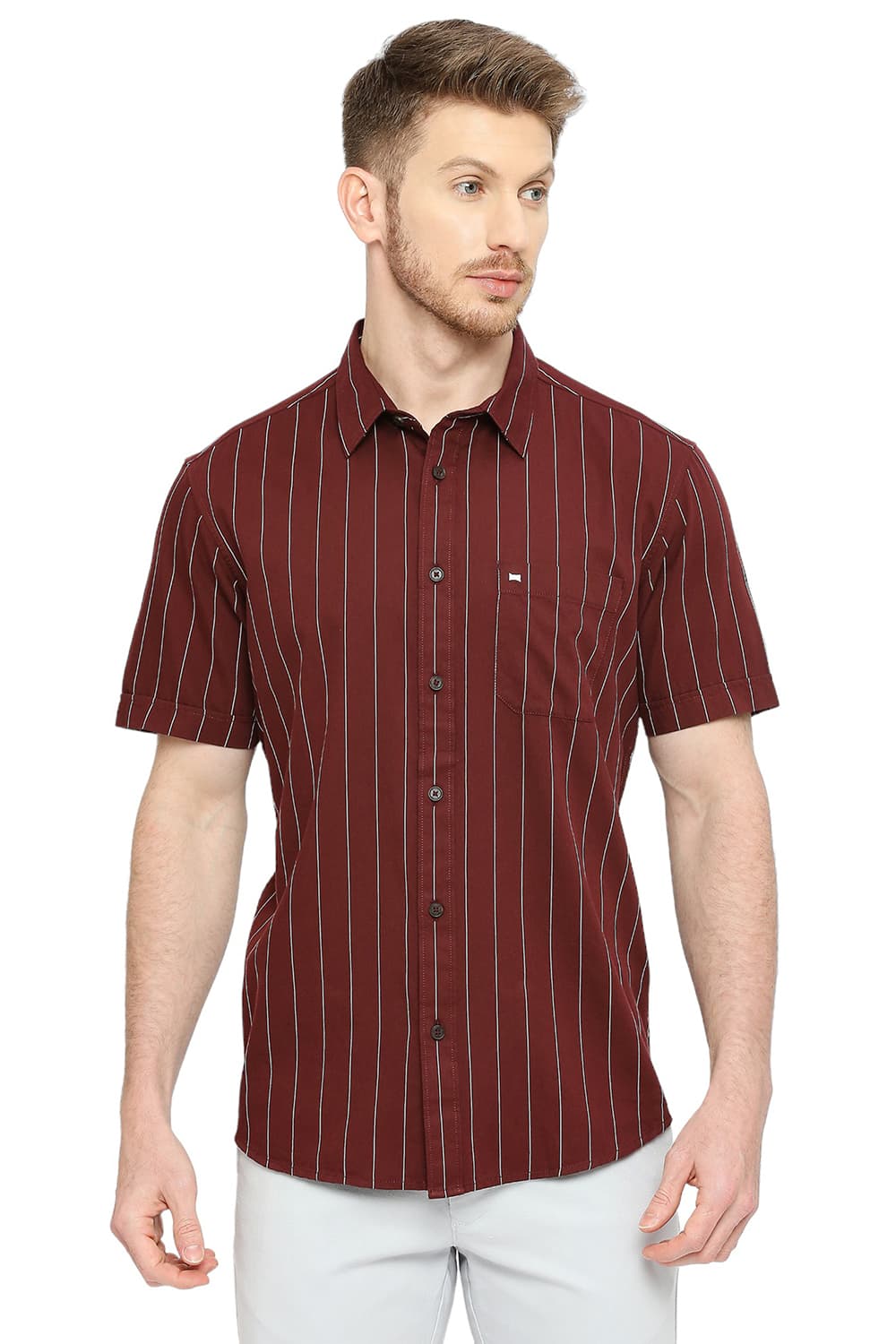 BASICS SLIM FIT COTTON TWILL STRIPES SHIRT