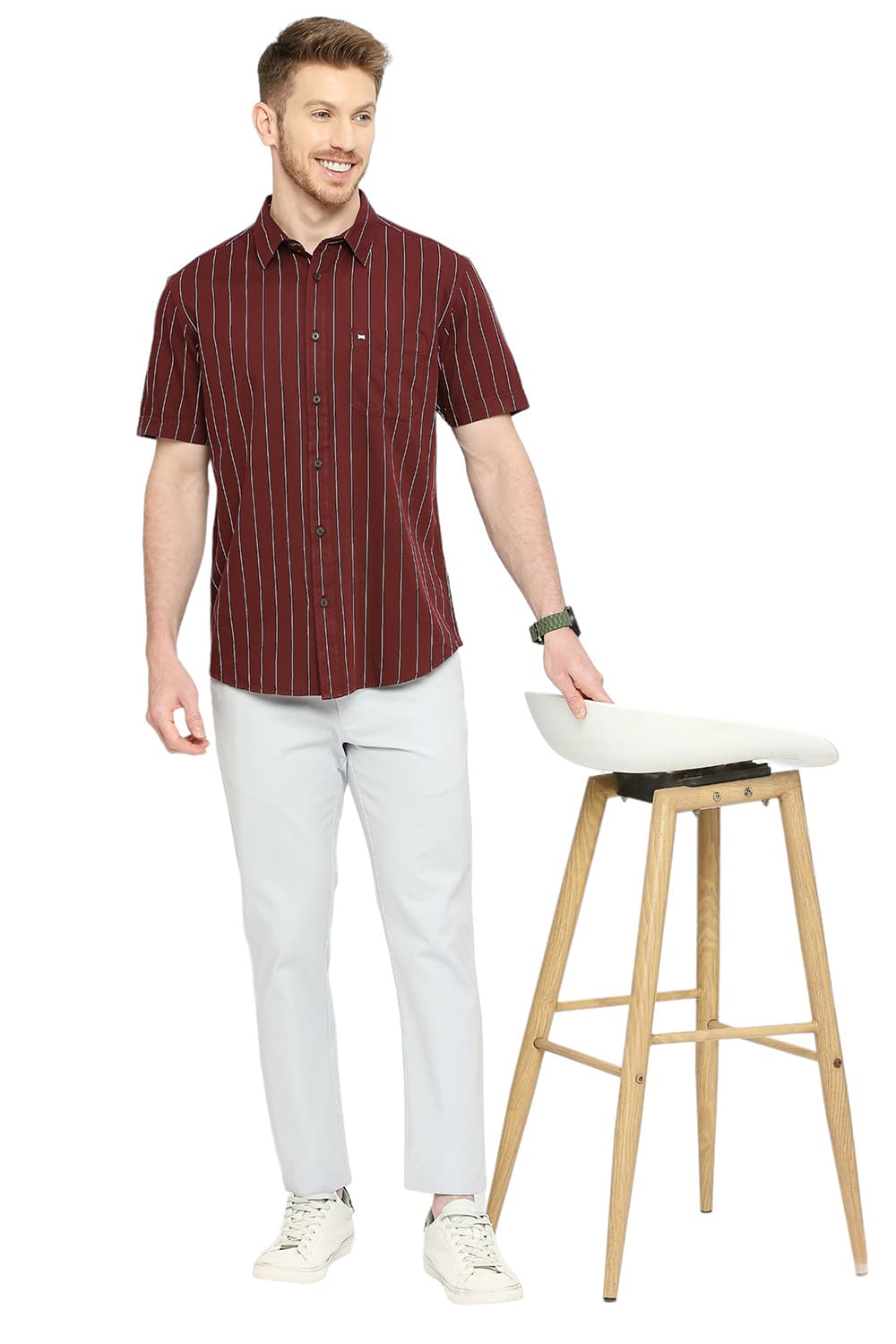 BASICS SLIM FIT COTTON TWILL STRIPES HALFSLEEVES SHIRT