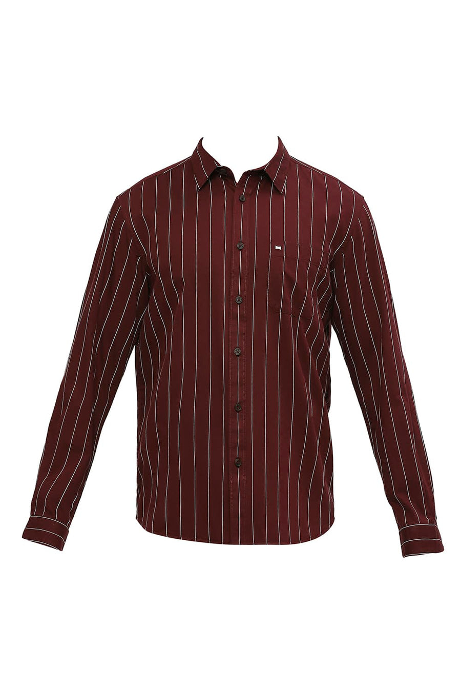 BASICS SLIM FIT POMEGRANATE WINE COTTON TWILL STRIPES SHIRT