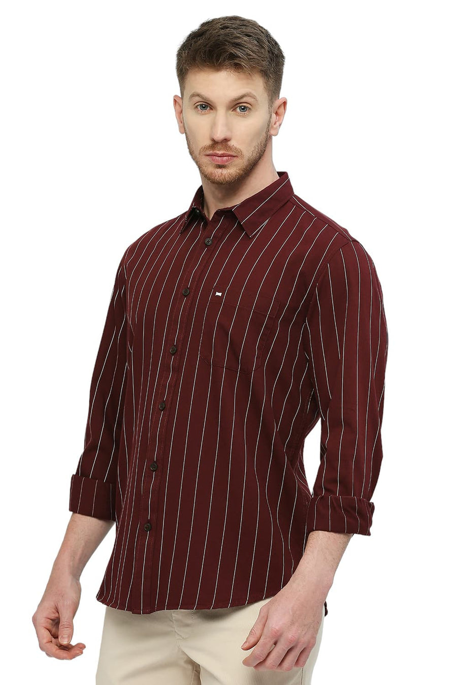 BASICS SLIM FIT POMEGRANATE WINE COTTON TWILL STRIPES SHIRT