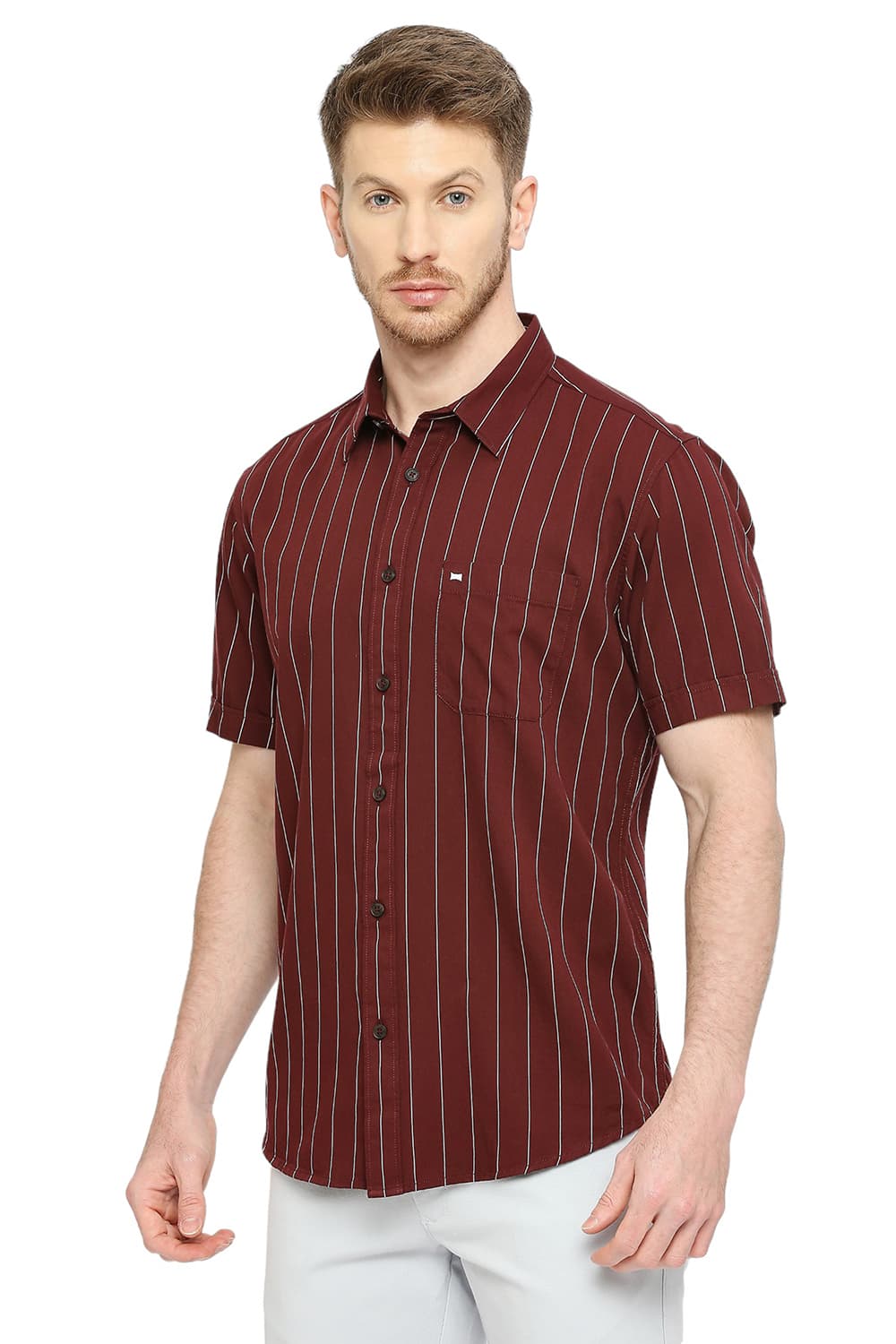 BASICS SLIM FIT COTTON TWILL STRIPES HALFSLEEVES SHIRT