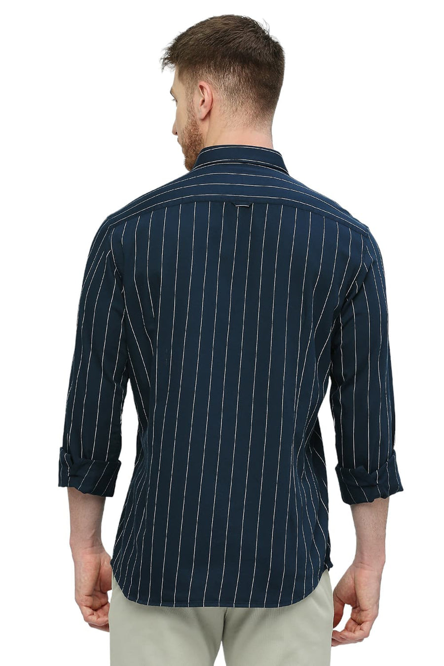 BASICS SLIM FIT STELLAR NAVY COTTON TWILL STRIPES SHIRT