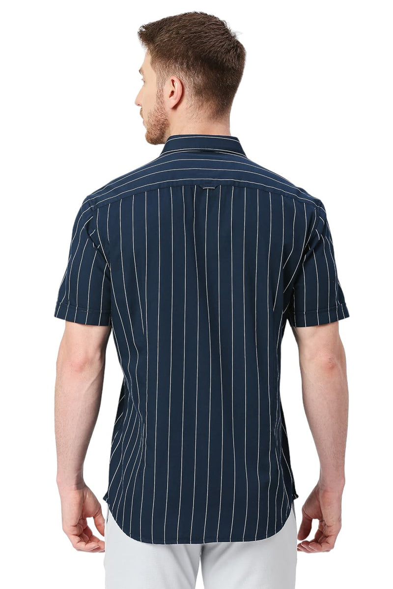 BASICS SLIM FIT COTTON TWILL STRIPES HALFSLEEVES SHIRT