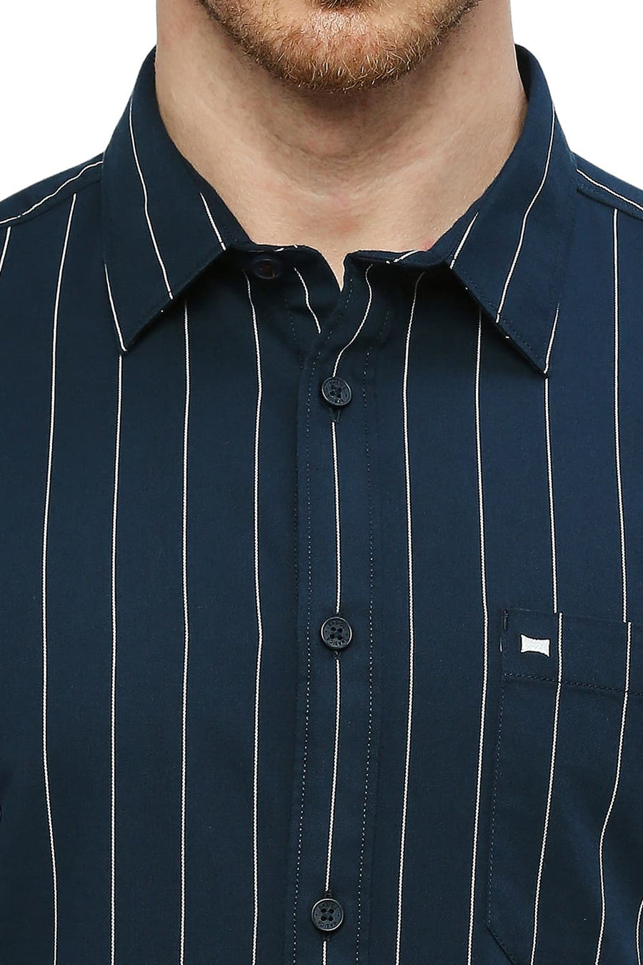 BASICS SLIM FIT STELLAR NAVY COTTON TWILL STRIPES SHIRT
