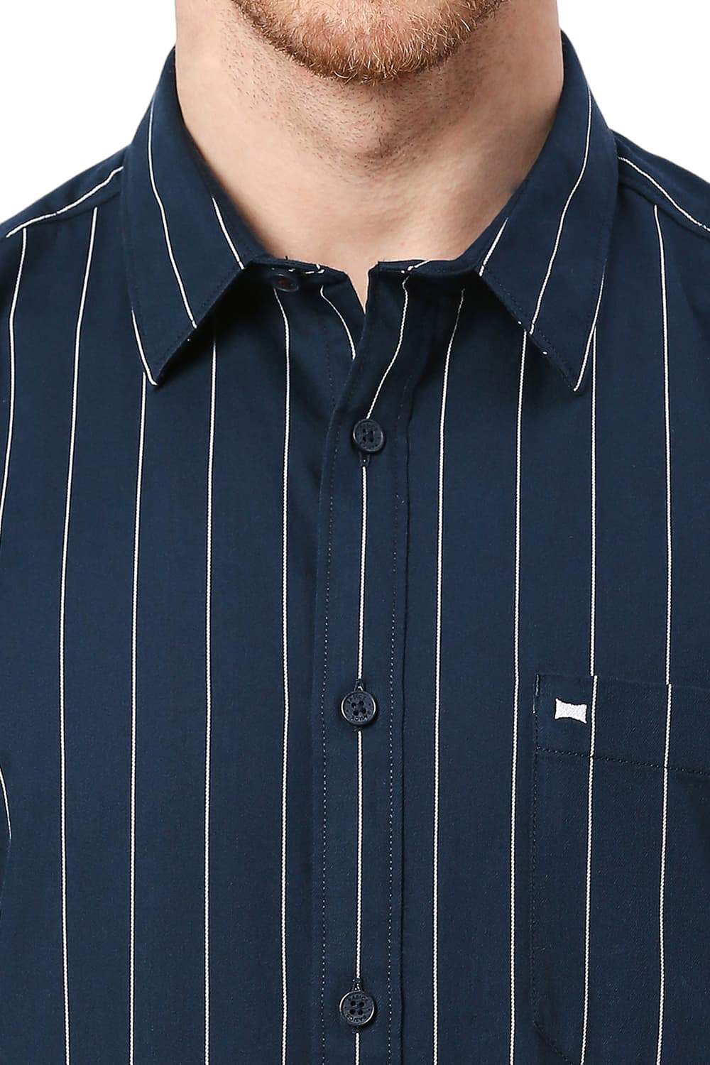 BASICS SLIM FIT COTTON TWILL STRIPES HALFSLEEVES SHIRT