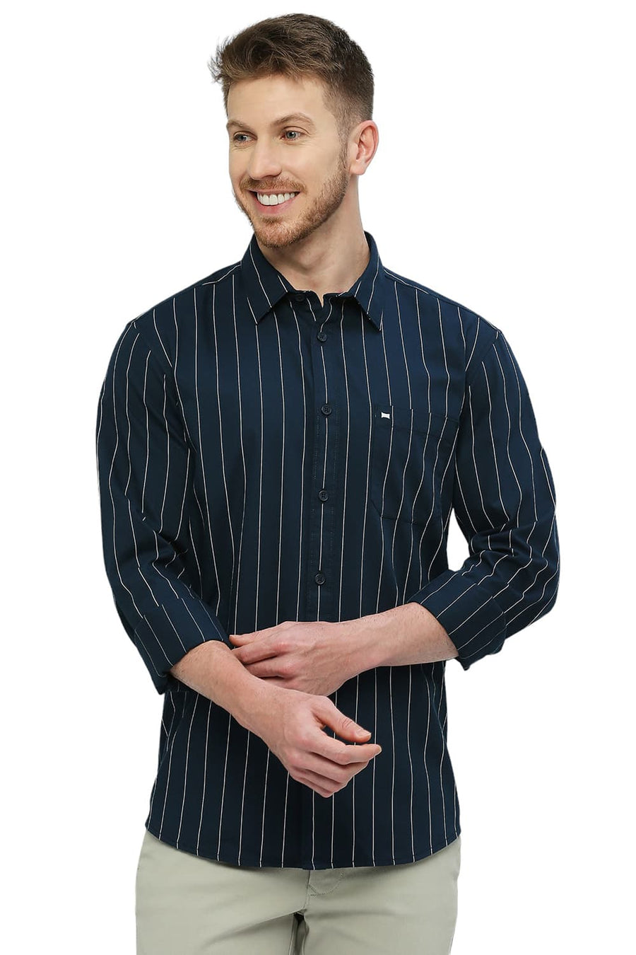 BASICS SLIM FIT STELLAR NAVY COTTON TWILL STRIPES SHIRT
