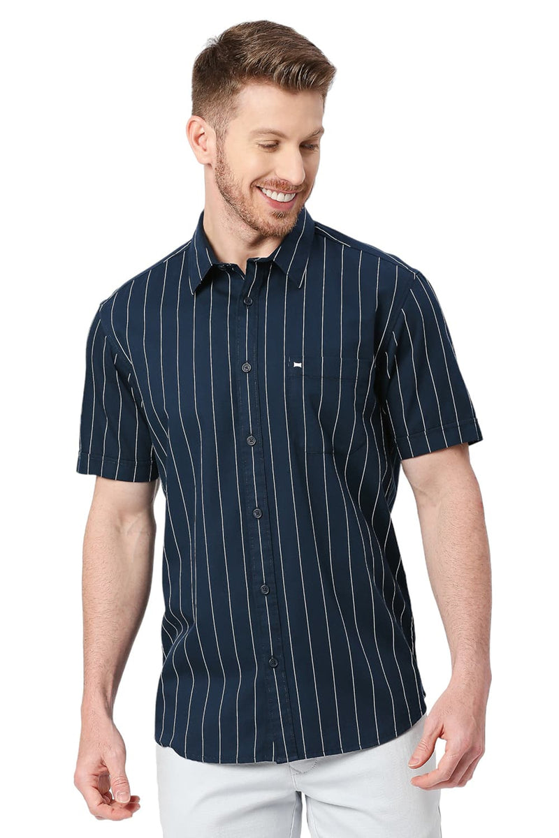 BASICS SLIM FIT COTTON TWILL STRIPES HALFSLEEVES SHIRT