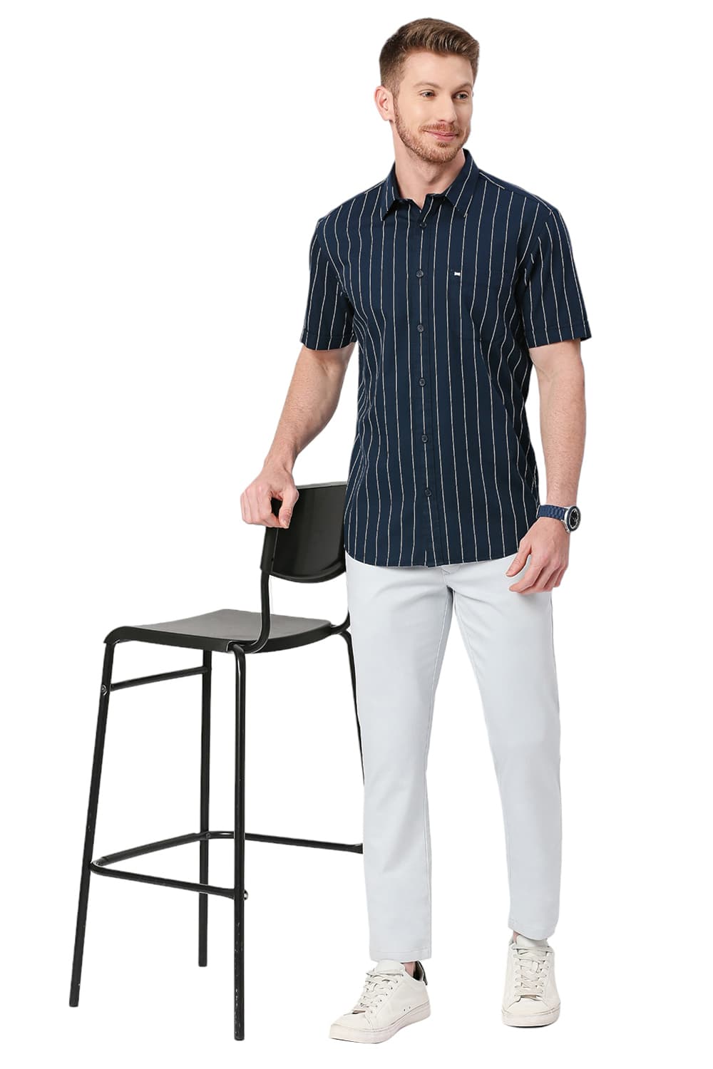 BASICS SLIM FIT COTTON TWILL STRIPES HALFSLEEVES SHIRT