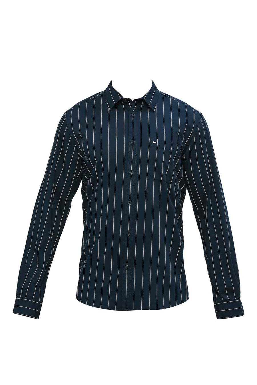 BASICS SLIM FIT STELLAR NAVY COTTON TWILL STRIPES SHIRT