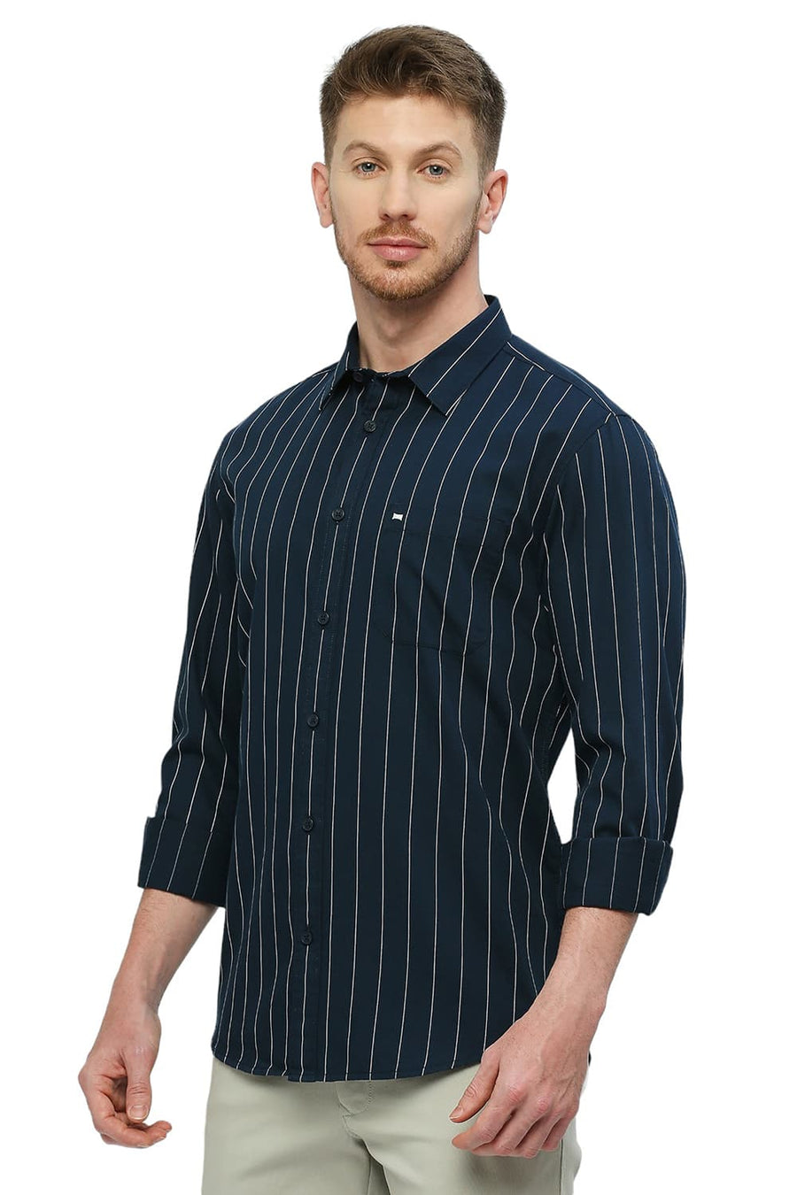 BASICS SLIM FIT STELLAR NAVY COTTON TWILL STRIPES SHIRT