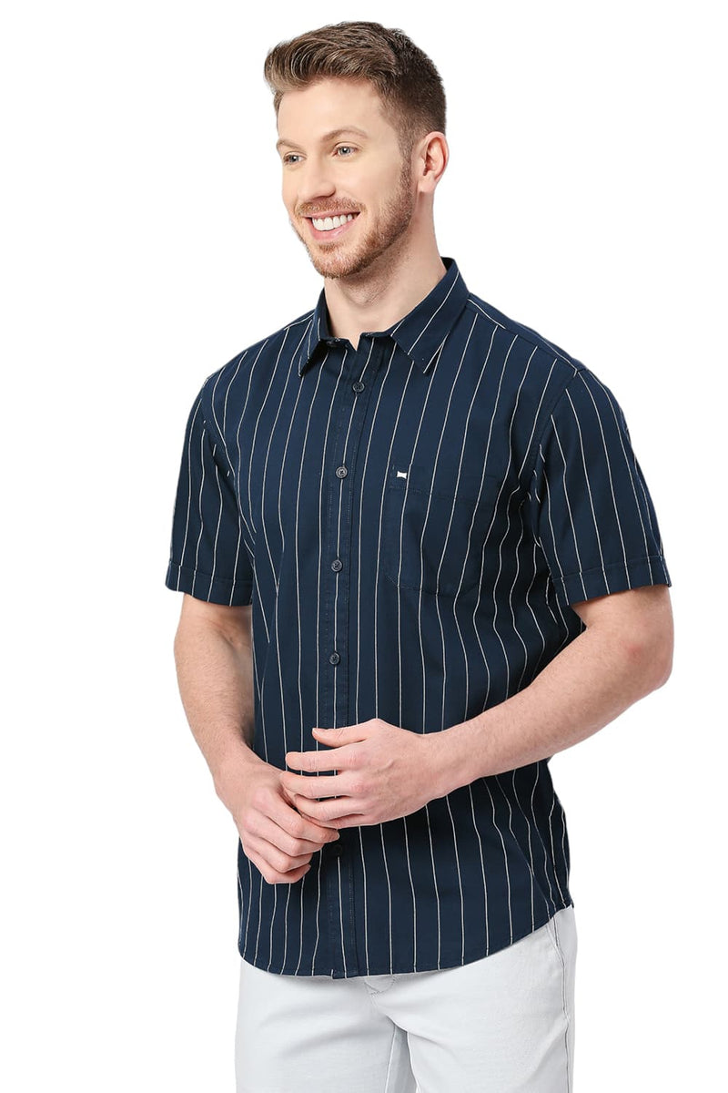 BASICS SLIM FIT COTTON TWILL STRIPES HALFSLEEVES SHIRT