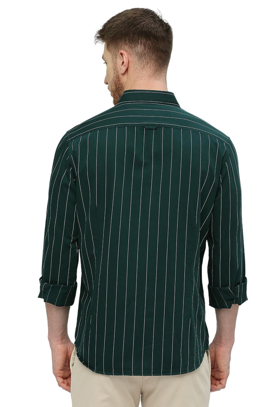 BASICS SLIM FIT PINE GREEN COTTON TWILL STRIPES SHIRT