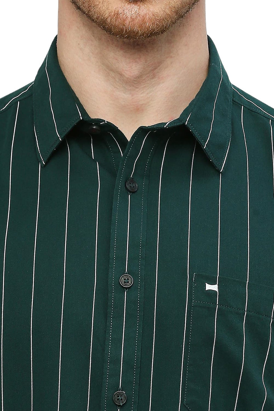 BASICS SLIM FIT PINE GREEN COTTON TWILL STRIPES SHIRT