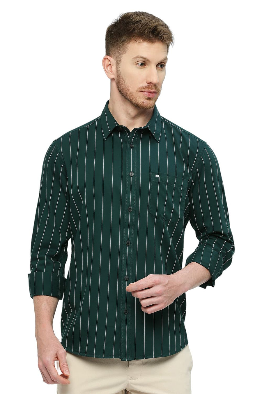 BASICS SLIM FIT PINE GREEN COTTON TWILL STRIPES SHIRT
