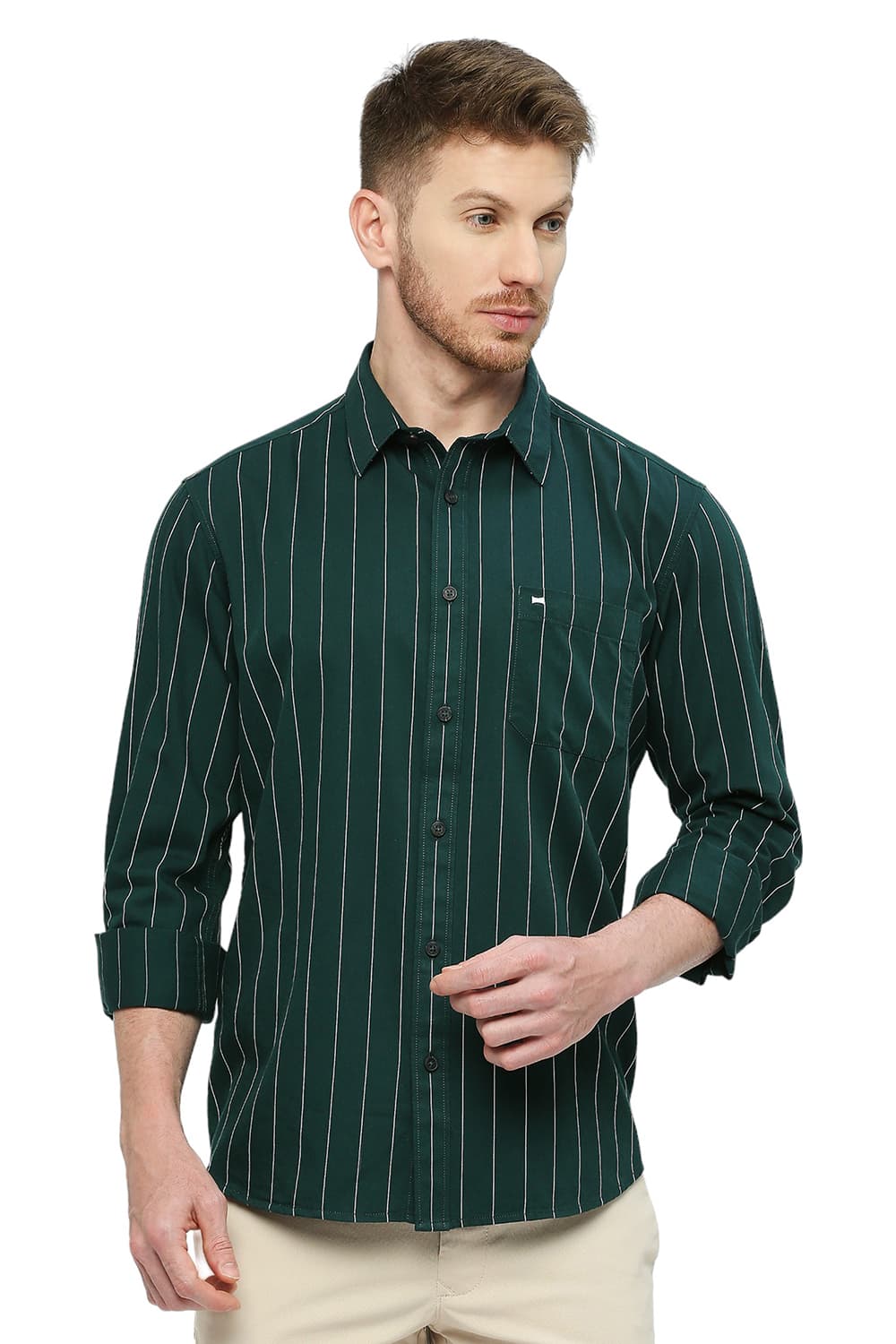 BASICS SLIM FIT COTTON TWILL STRIPES SHIRT