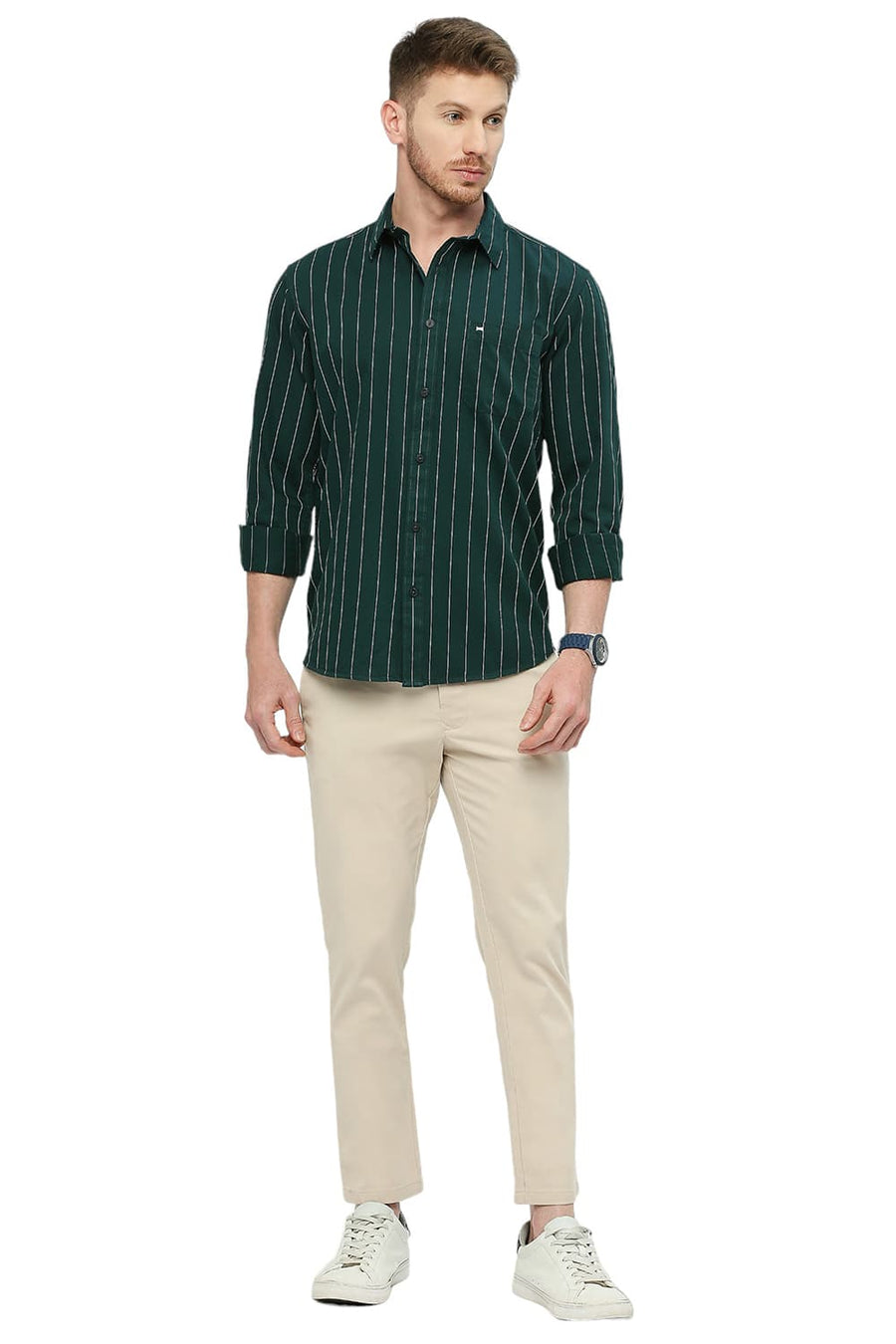 BASICS SLIM FIT PINE GREEN COTTON TWILL STRIPES SHIRT