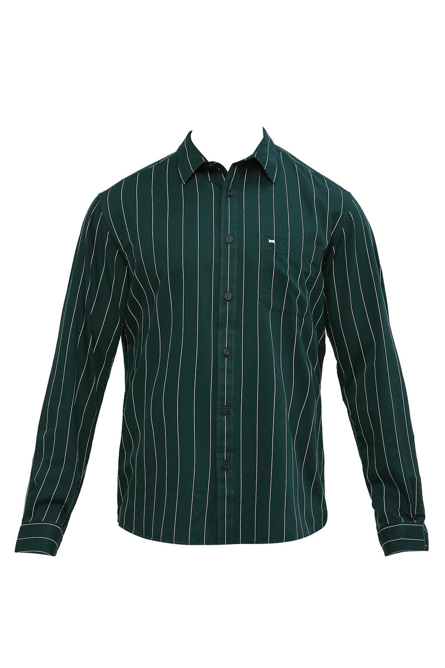 BASICS SLIM FIT PINE GREEN COTTON TWILL STRIPES SHIRT