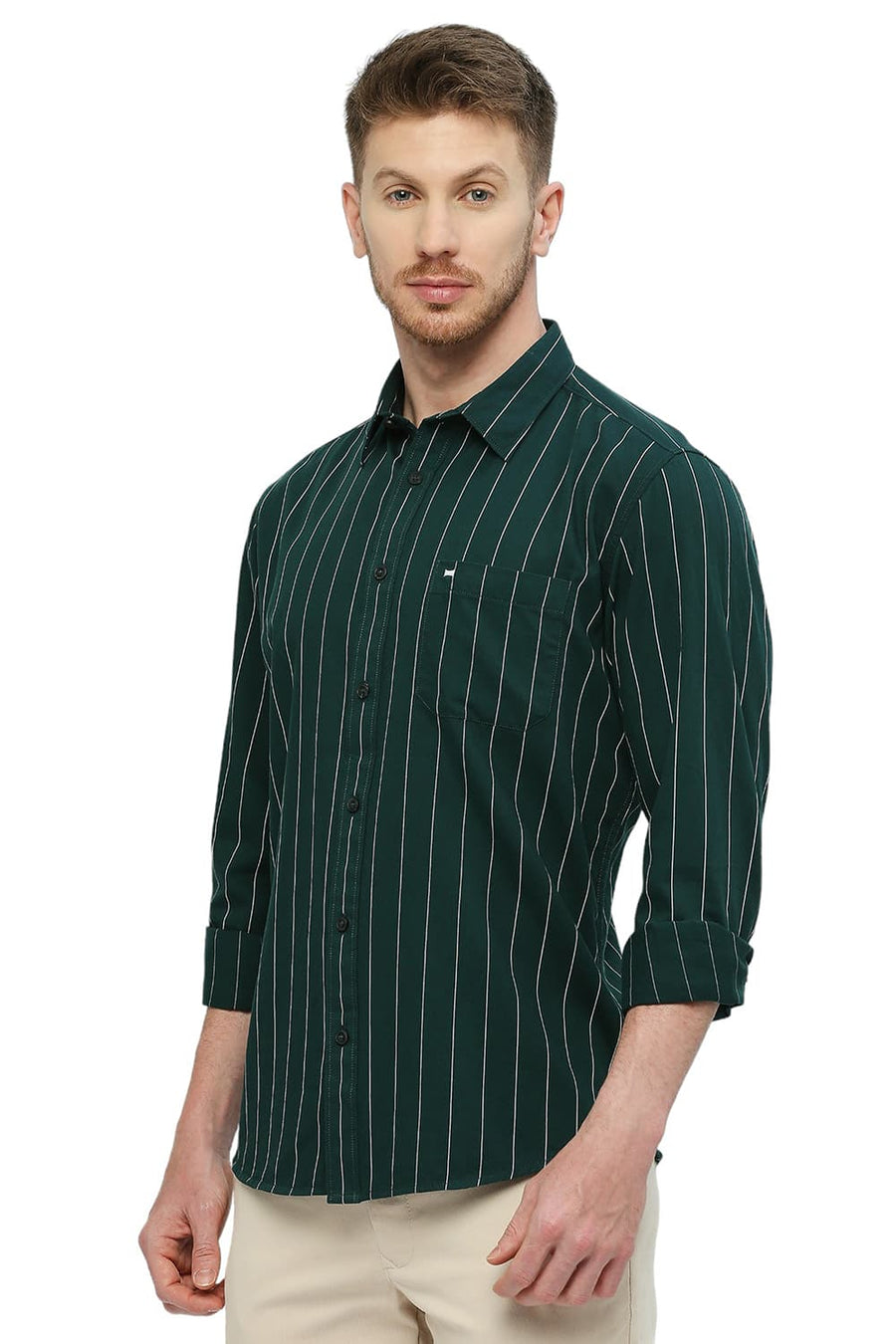 BASICS SLIM FIT PINE GREEN COTTON TWILL STRIPES SHIRT