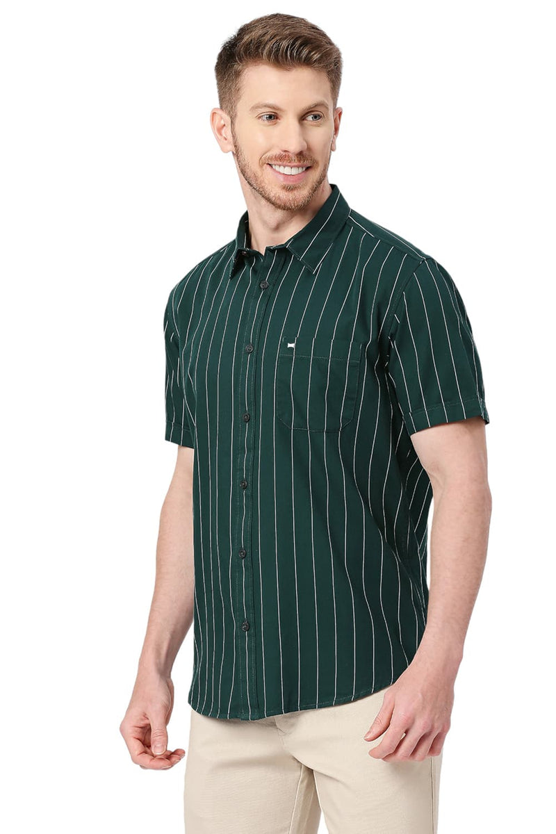 BASICS SLIM FIT COTTON TWILL STRIPES HALFSLEEVES SHIRT