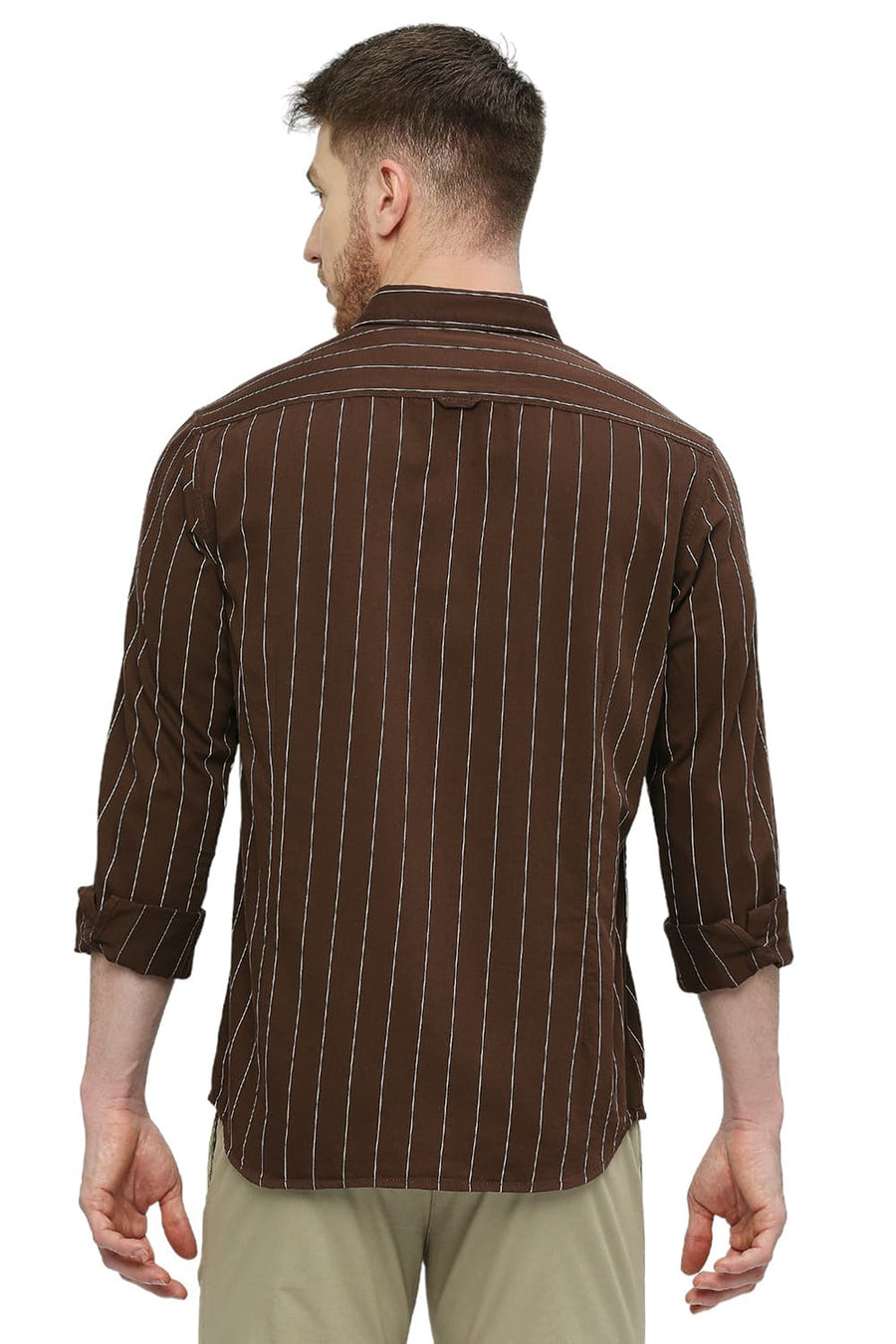 BASICS SLIM FIT COCOA BROWN COTTON TWILL STRIPES SHIRT