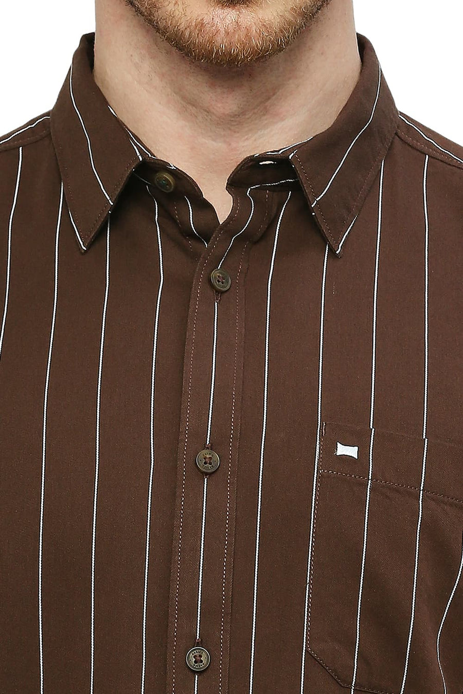 BASICS SLIM FIT COCOA BROWN COTTON TWILL STRIPES SHIRT