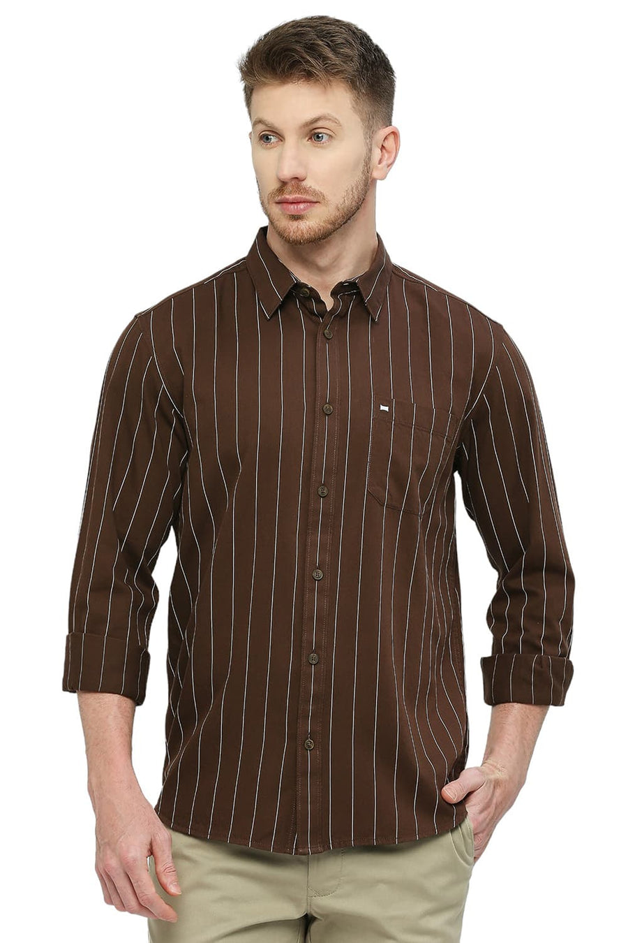 BASICS SLIM FIT COCOA BROWN COTTON TWILL STRIPES SHIRT