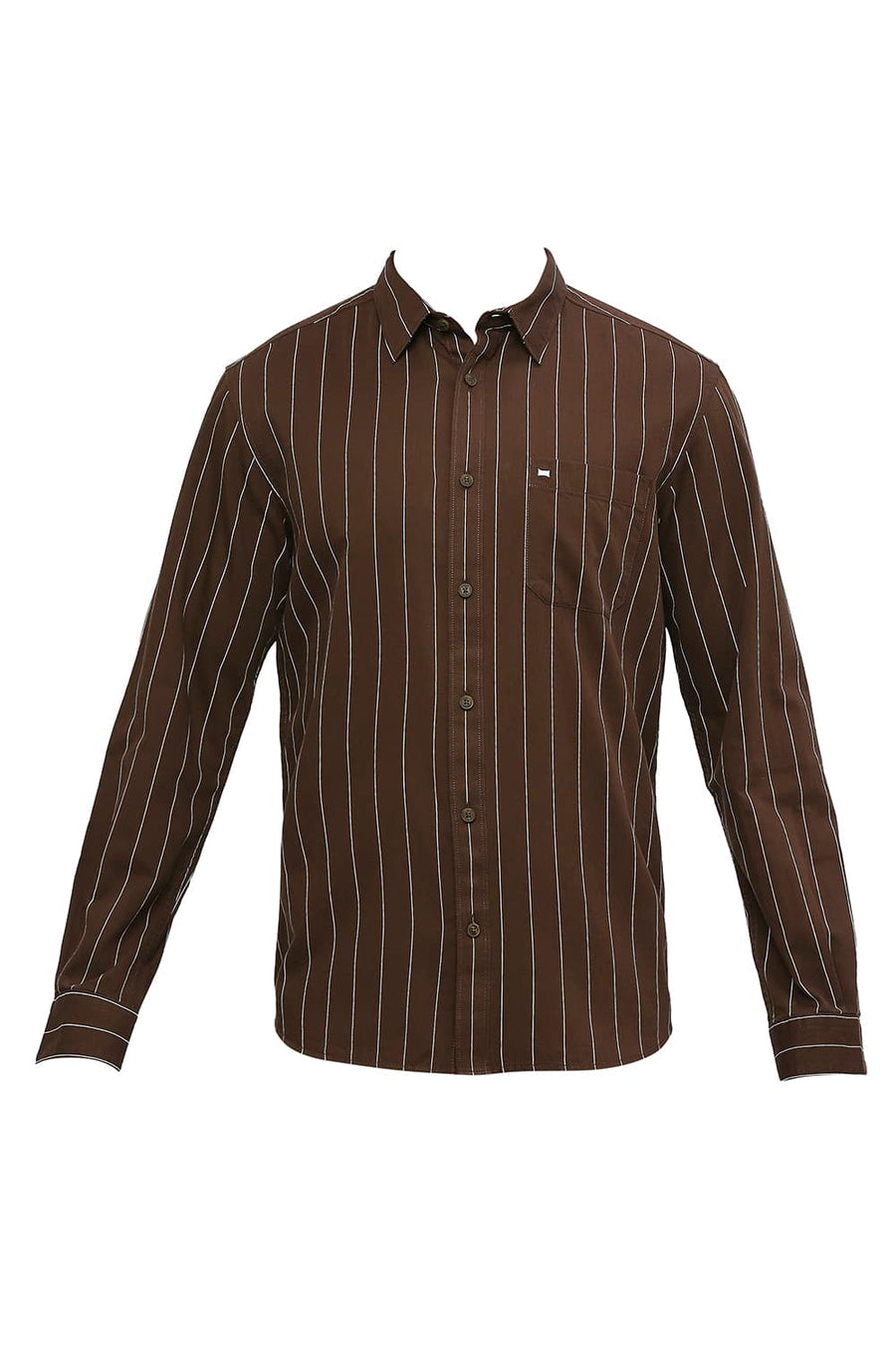 BASICS SLIM FIT COCOA BROWN COTTON TWILL STRIPES SHIRT