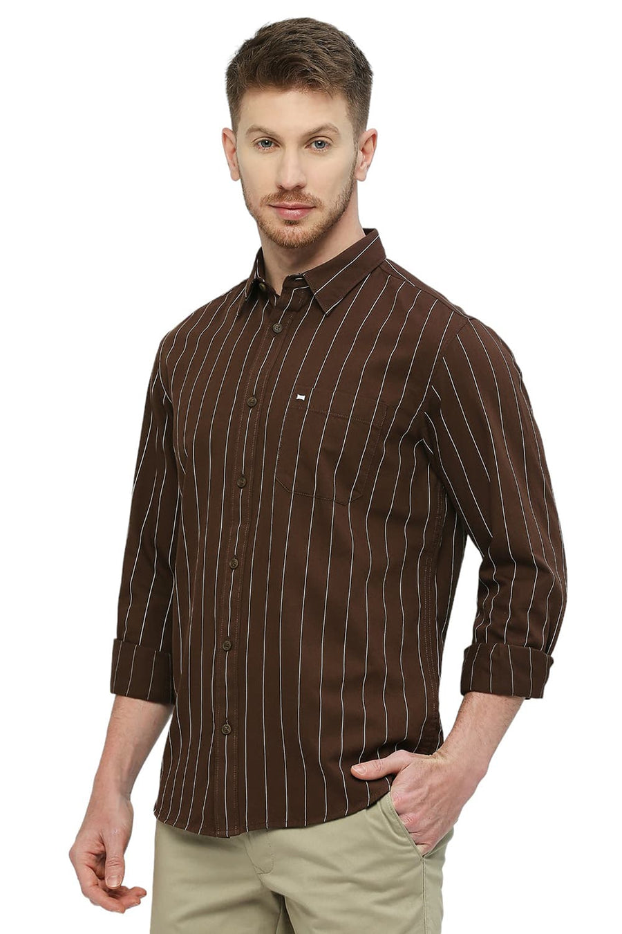 BASICS SLIM FIT COCOA BROWN COTTON TWILL STRIPES SHIRT