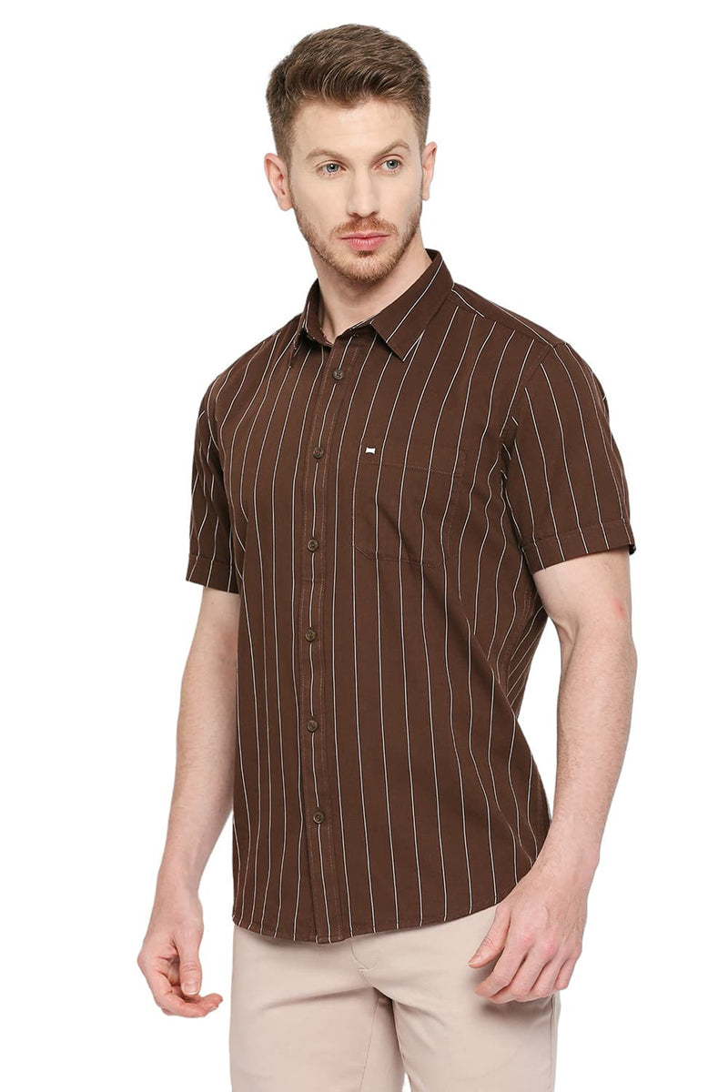 BASICS SLIM FIT COTTON TWILL STRIPES HALFSLEEVES SHIRT