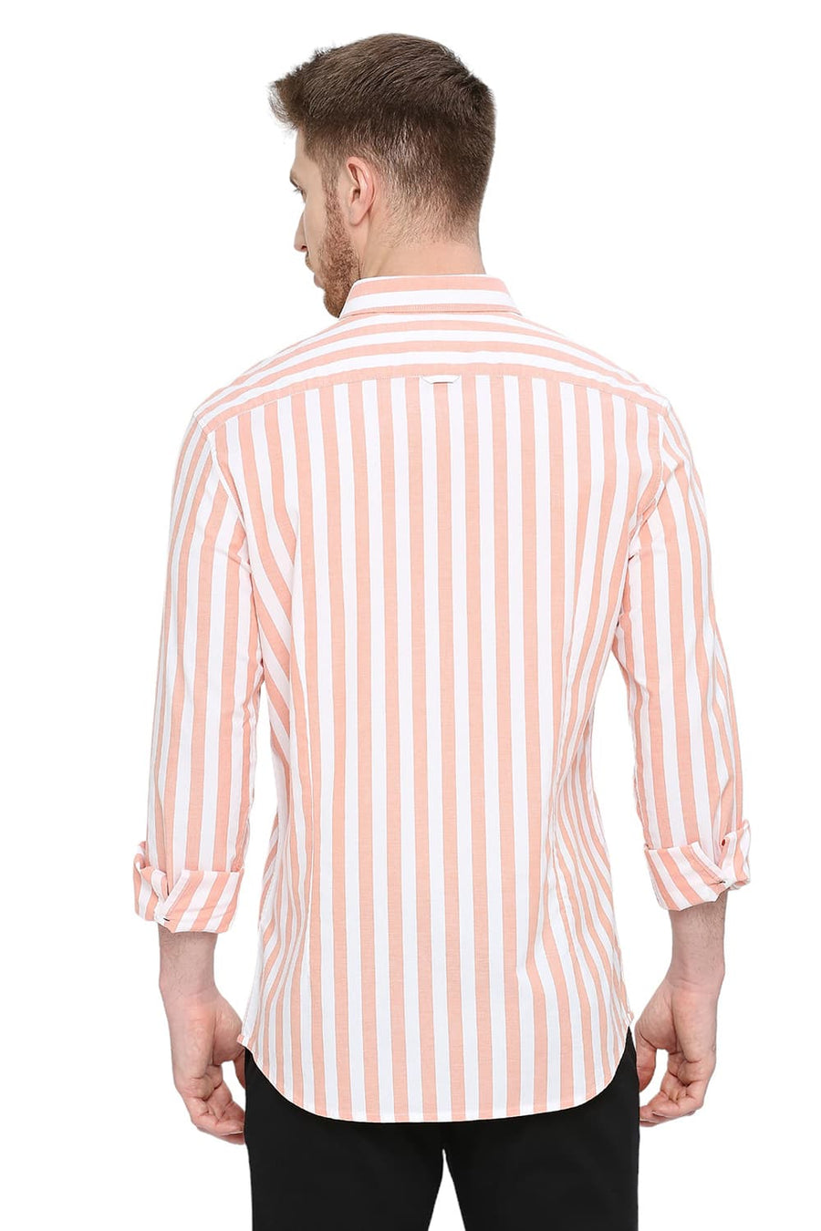 BASICS SLIM FIT PUMPKIN ORANGE COTTON OXFORD STRIPES SHIRT