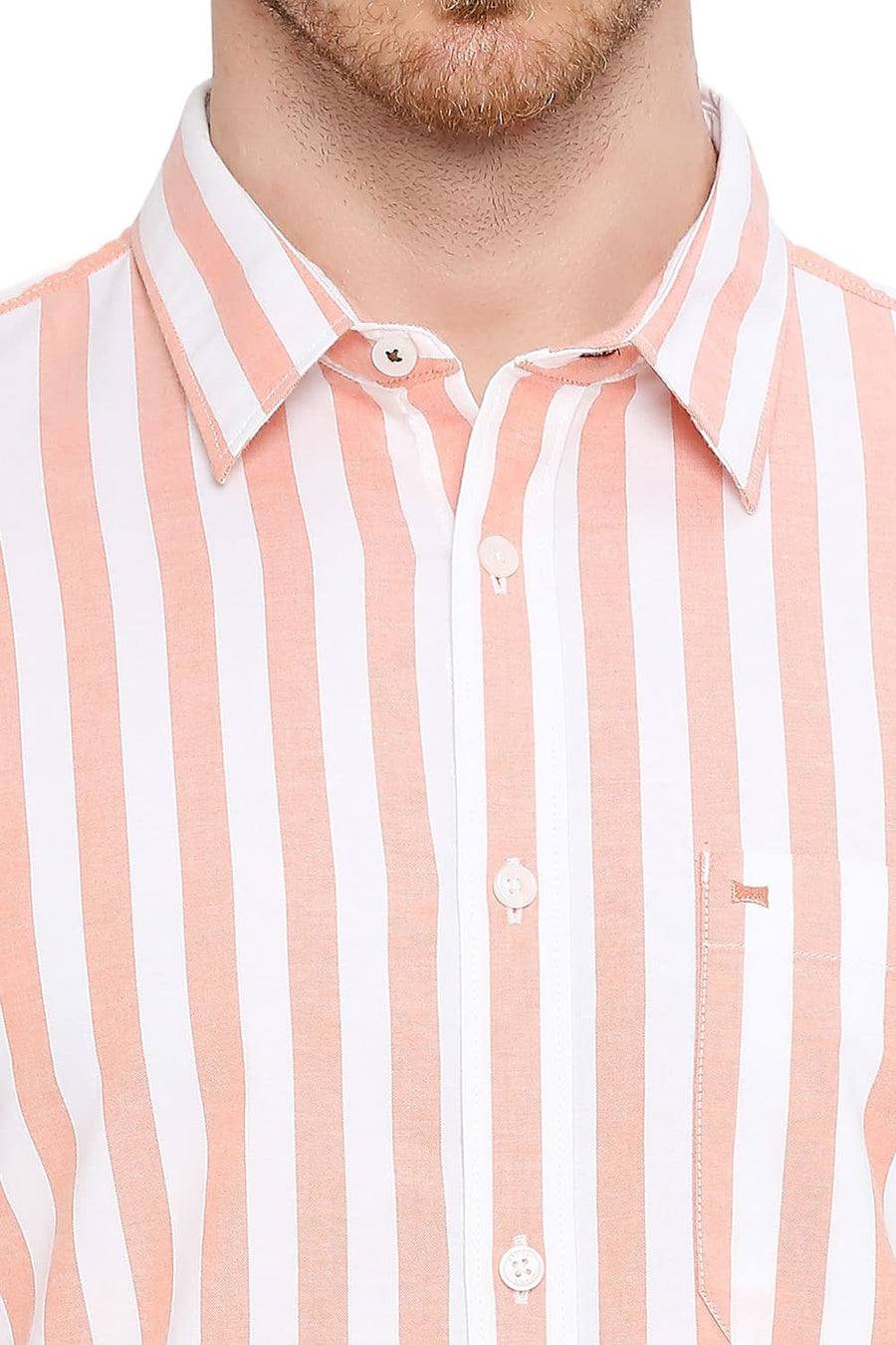 BASICS SLIM FIT PUMPKIN ORANGE COTTON OXFORD STRIPES SHIRT