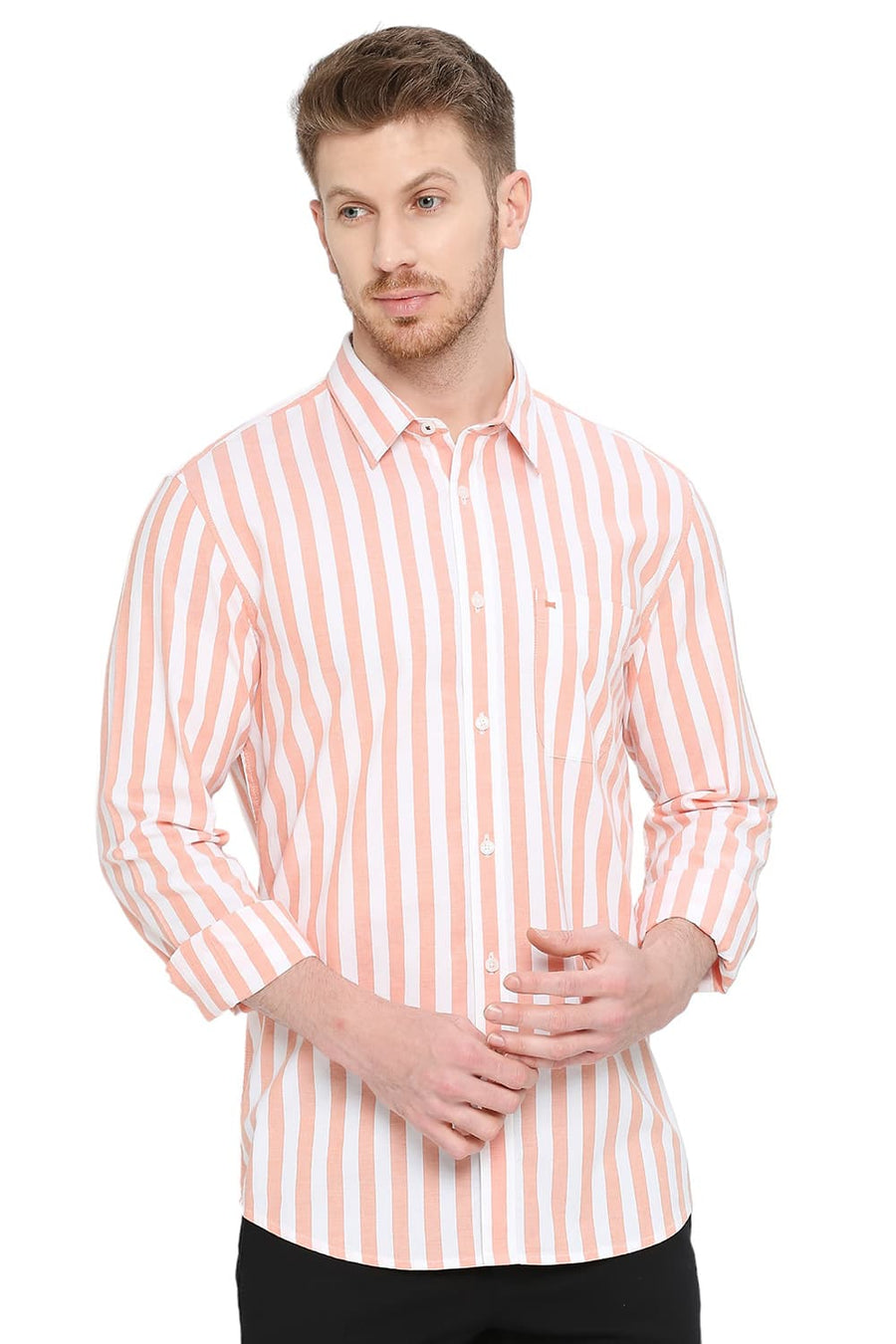 BASICS SLIM FIT PUMPKIN ORANGE COTTON OXFORD STRIPES SHIRT