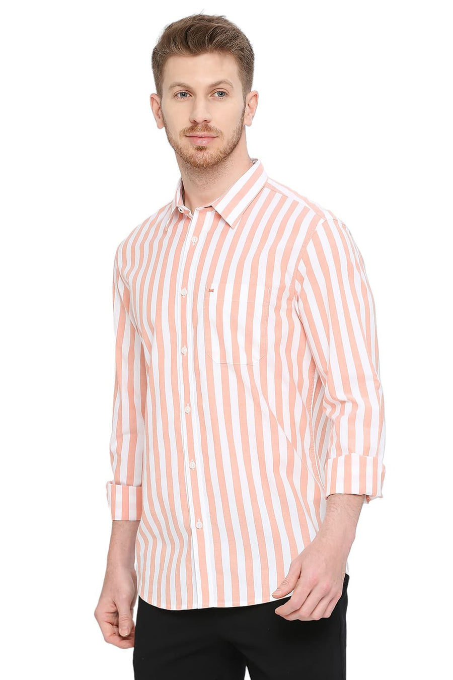 BASICS SLIM FIT PUMPKIN ORANGE COTTON OXFORD STRIPES SHIRT