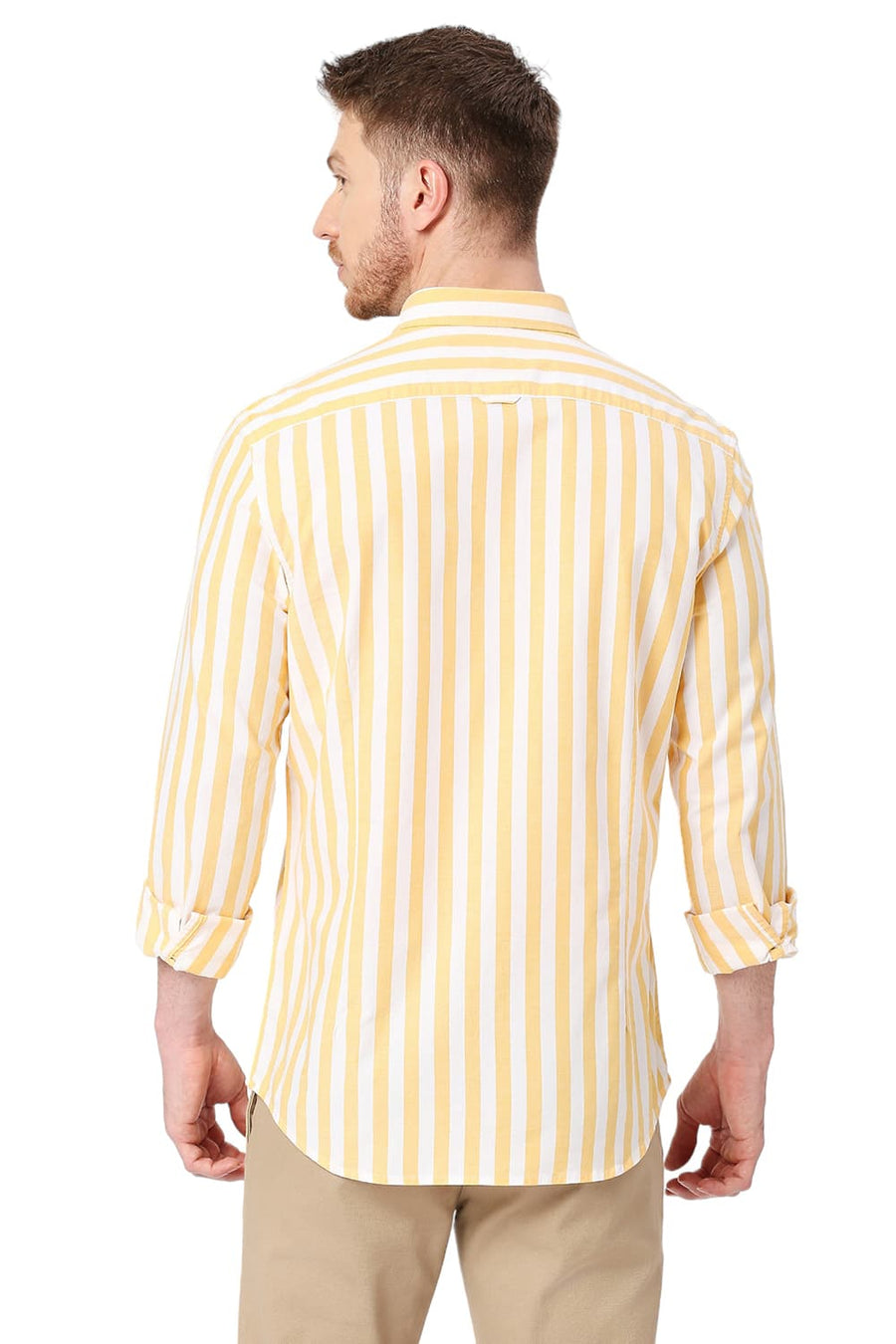BASICS SLIM FIT EMPIRE YELLOW COTTON OXFORD STRIPES SHIRT