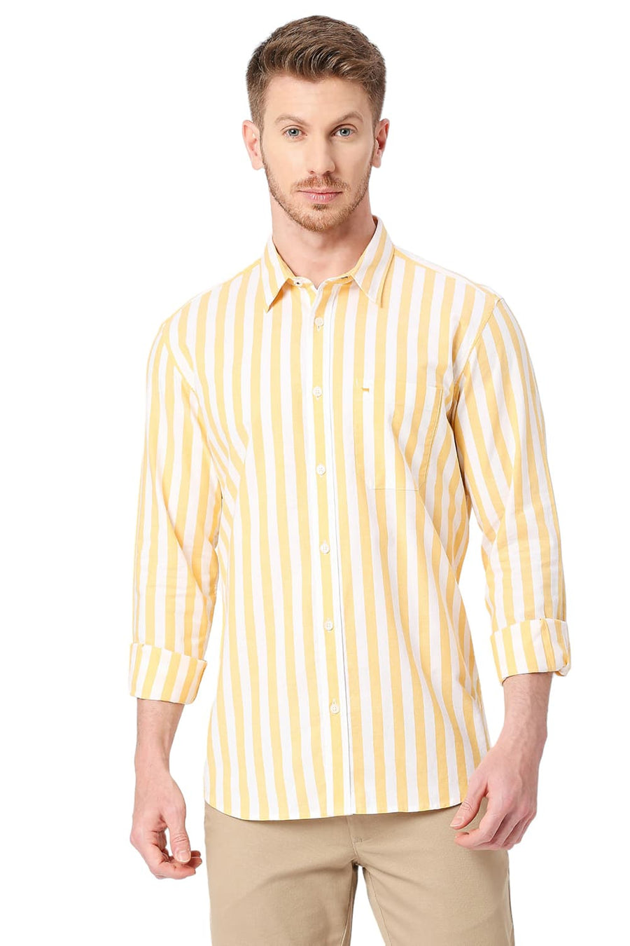 BASICS SLIM FIT EMPIRE YELLOW COTTON OXFORD STRIPES SHIRT