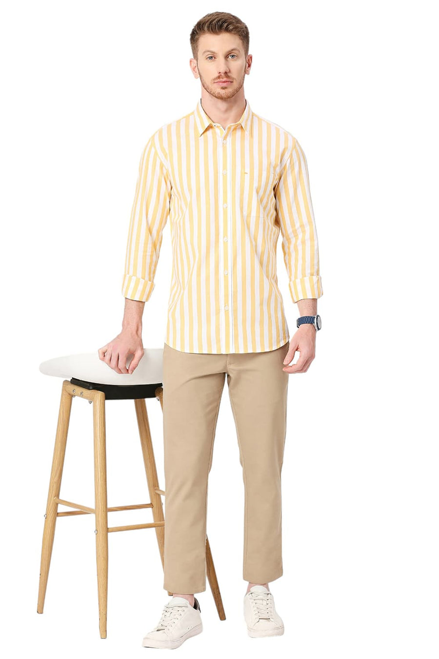 BASICS SLIM FIT EMPIRE YELLOW COTTON OXFORD STRIPES SHIRT