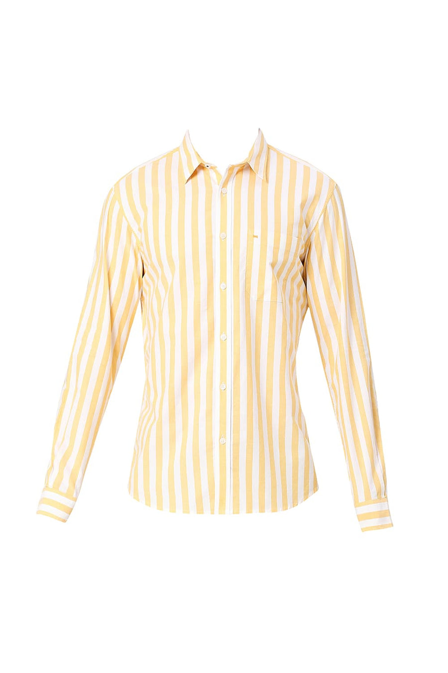 BASICS SLIM FIT EMPIRE YELLOW COTTON OXFORD STRIPES SHIRT