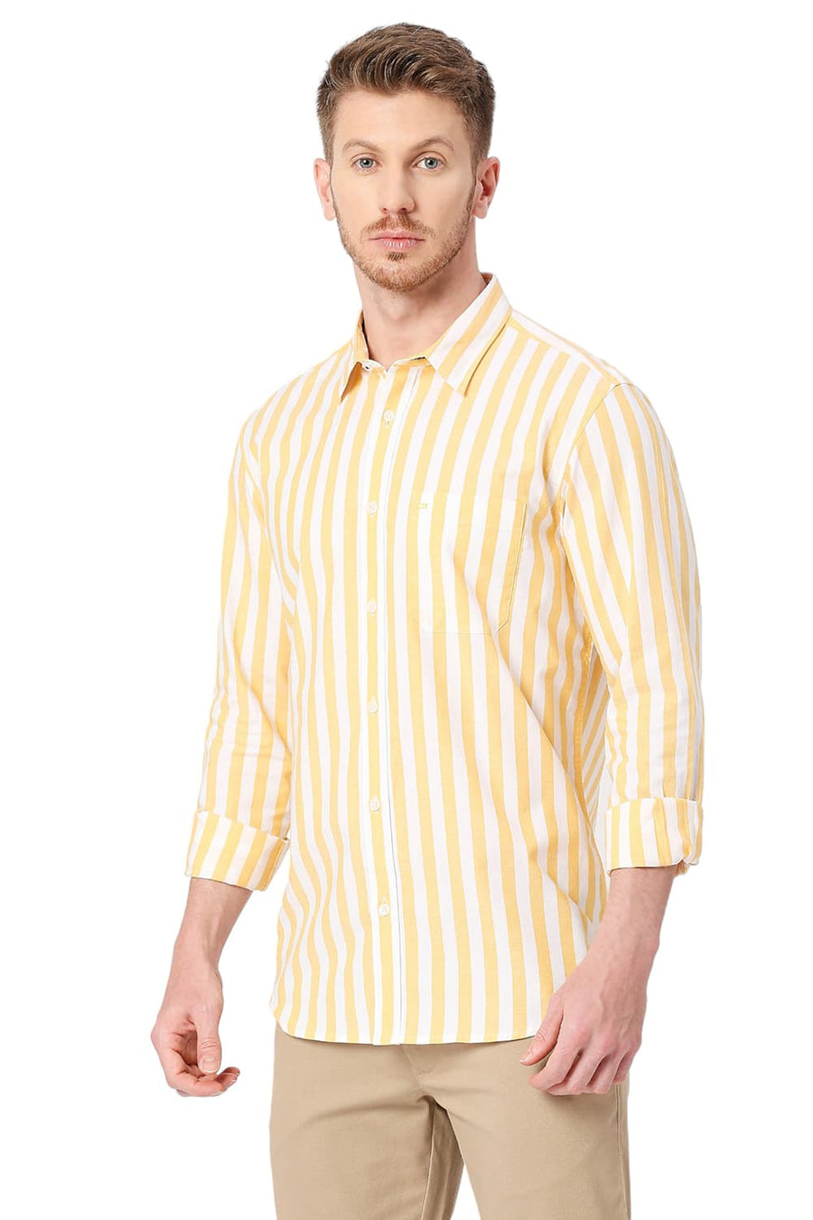 BASICS SLIM FIT EMPIRE YELLOW COTTON OXFORD STRIPES SHIRT