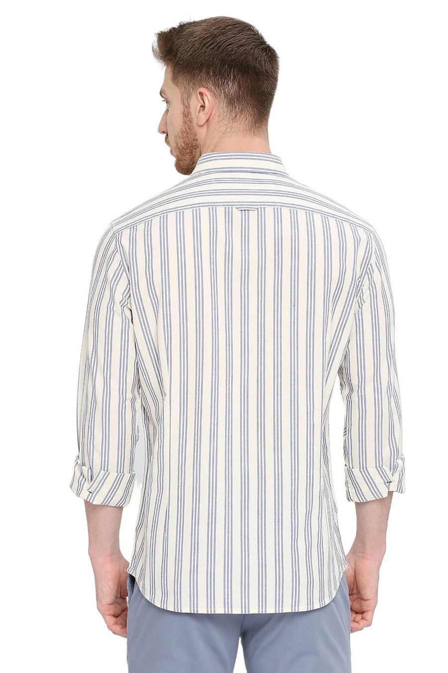 BASICS SLIM FIT NAUTICAL NAVY COTTON OXFORD STRIPES SHIRT