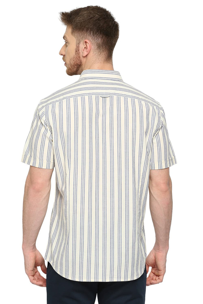 BASICS SLIM FIT COTTON OXFORD STRIPES HALFSLEEVES SHIRT