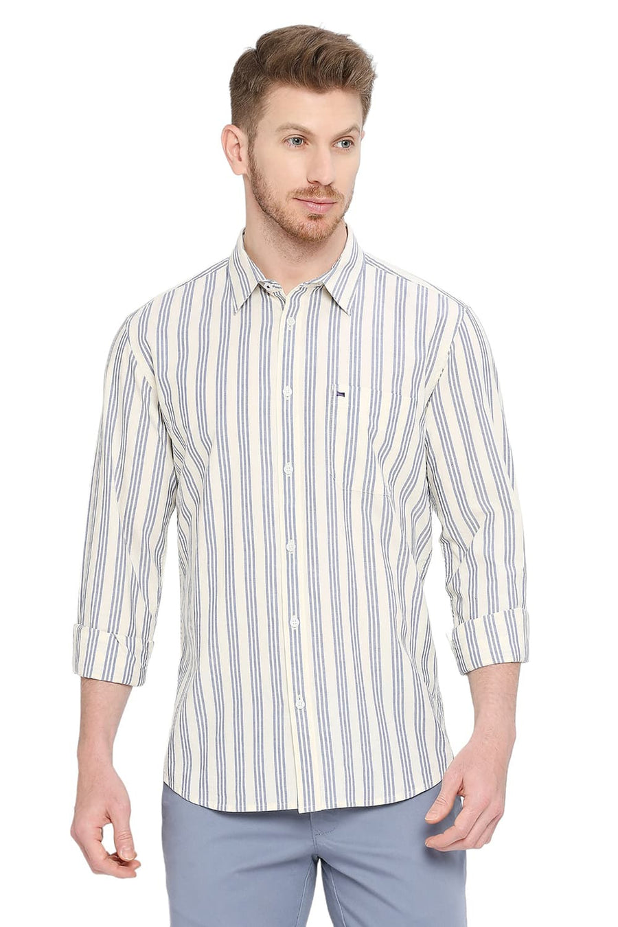 BASICS SLIM FIT NAUTICAL NAVY COTTON OXFORD STRIPES SHIRT