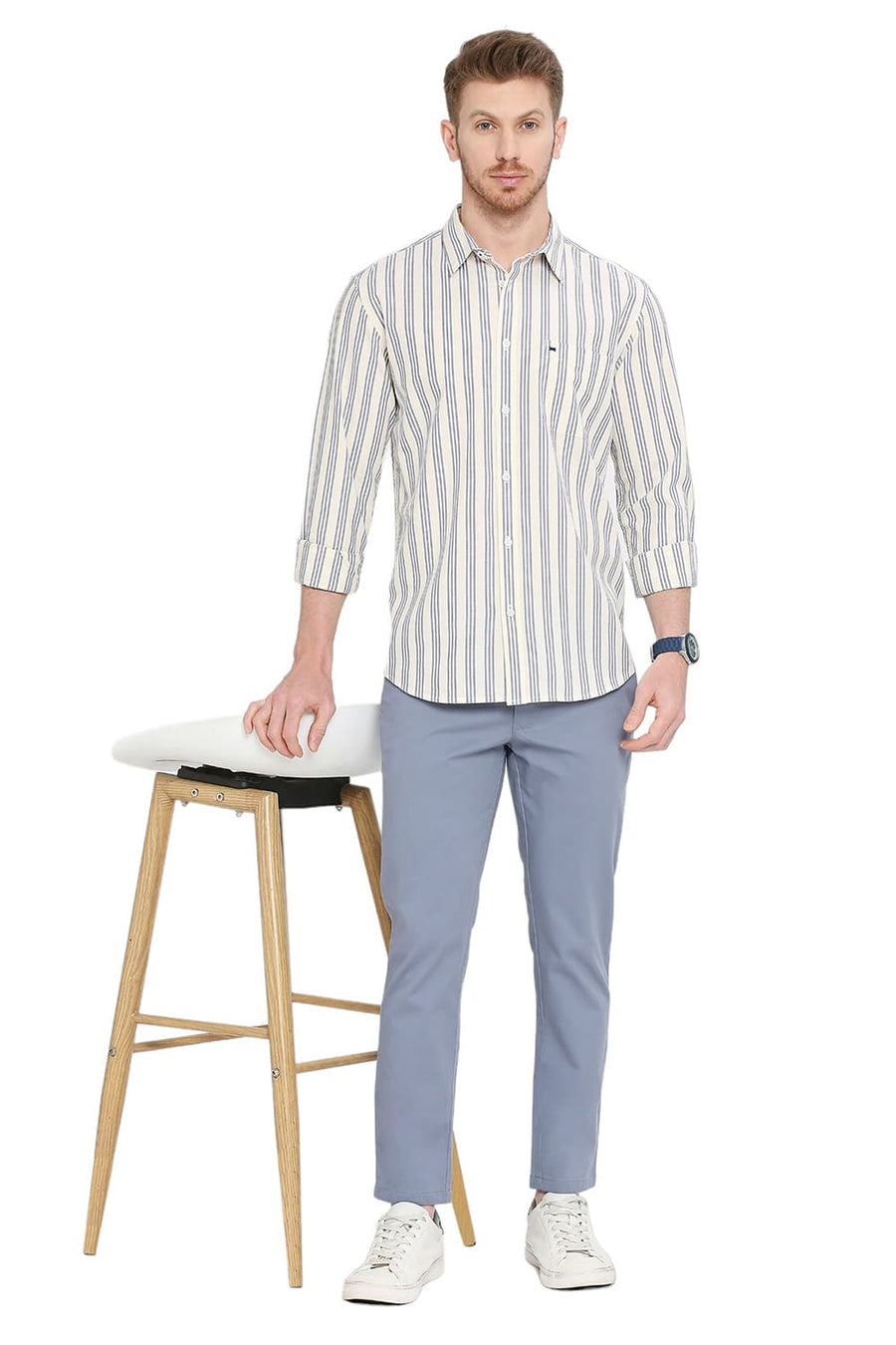 BASICS SLIM FIT NAUTICAL NAVY COTTON OXFORD STRIPES SHIRT