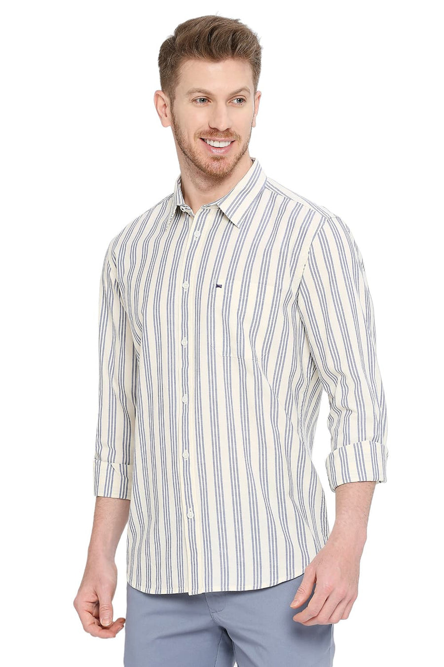 BASICS SLIM FIT NAUTICAL NAVY COTTON OXFORD STRIPES SHIRT