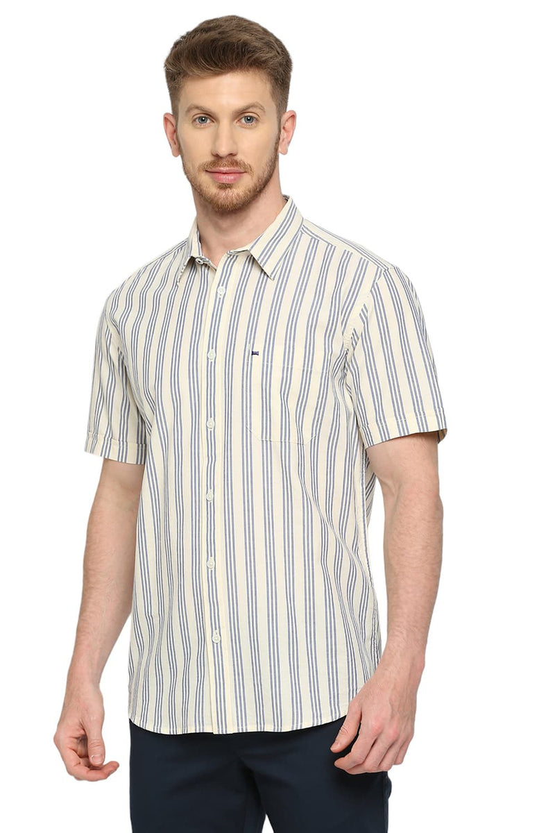 BASICS SLIM FIT COTTON OXFORD STRIPES HALFSLEEVES SHIRT