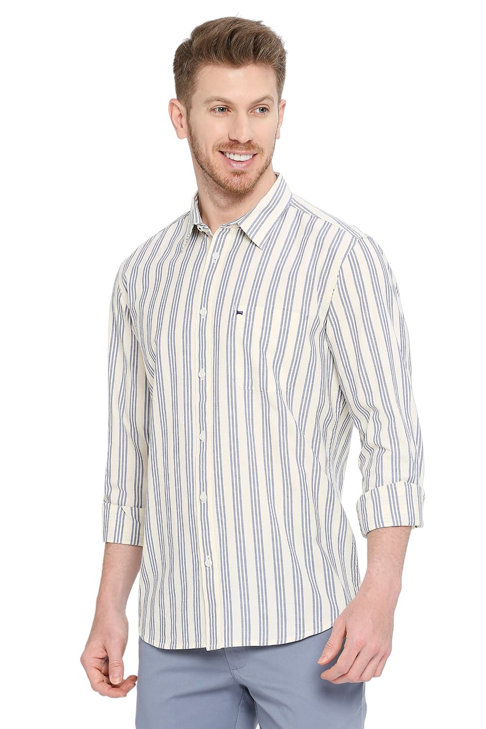 BASICS SLIM FIT COTTON OXFORD STRIPES SHIRT