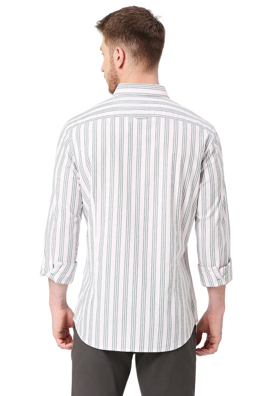 BASICS SLIM FIT PORCELAIN TURQUOISE COTTON OXFORD STRIPES SHIRT