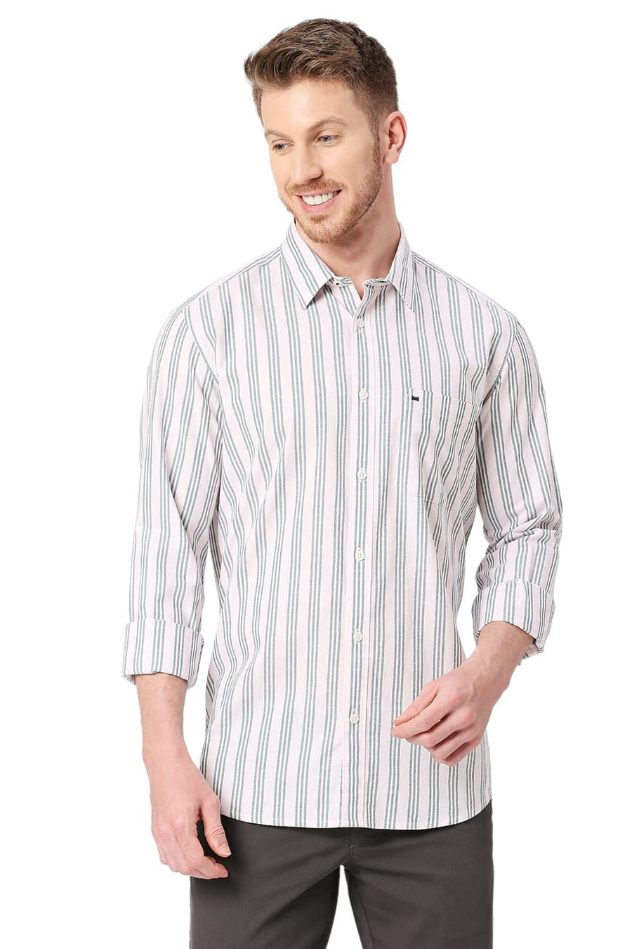 BASICS SLIM FIT PORCELAIN TURQUOISE COTTON OXFORD STRIPES SHIRT
