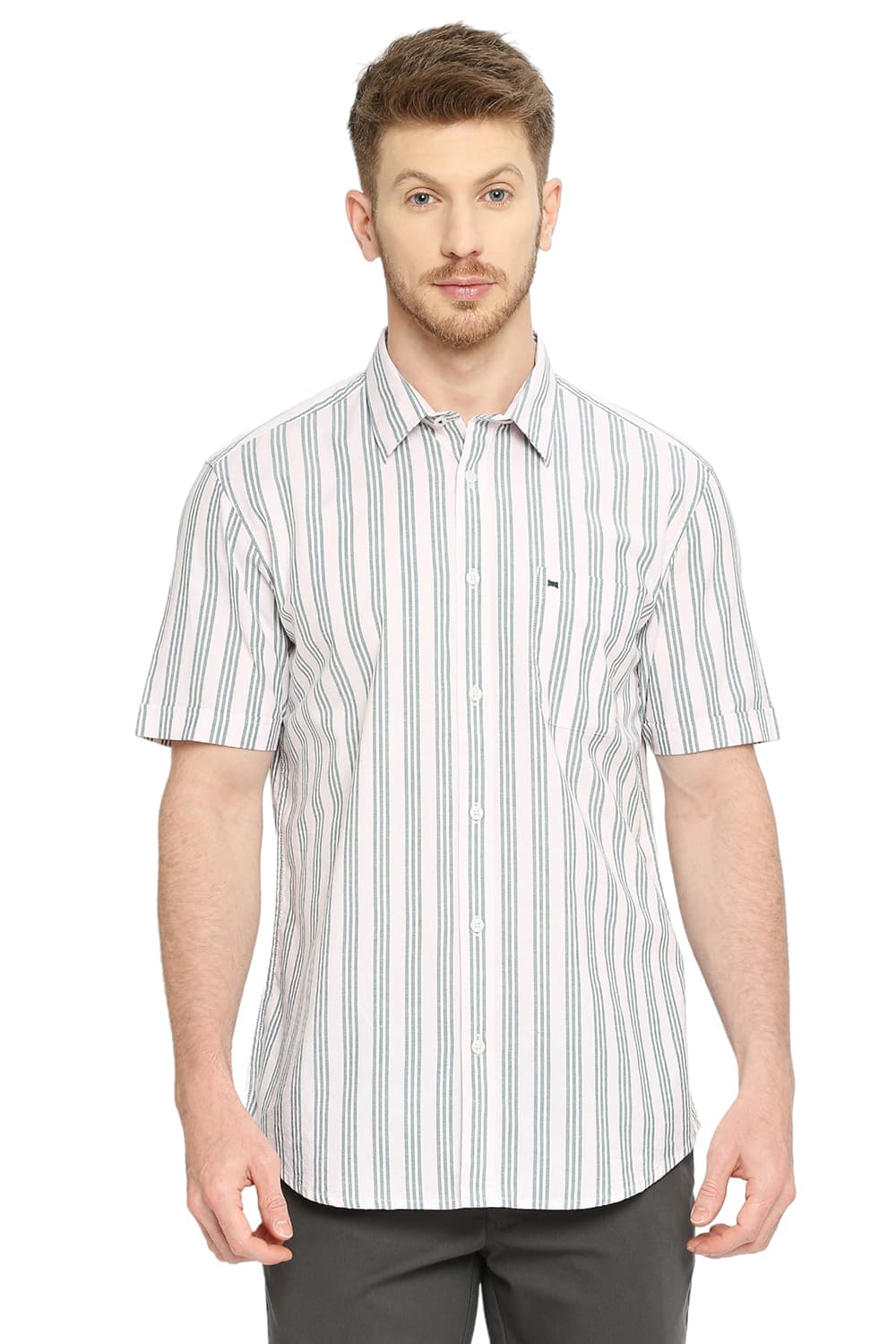 BASICS SLIM FIT COTTON OXFORD STRIPES HALFSLEEVES SHIRT