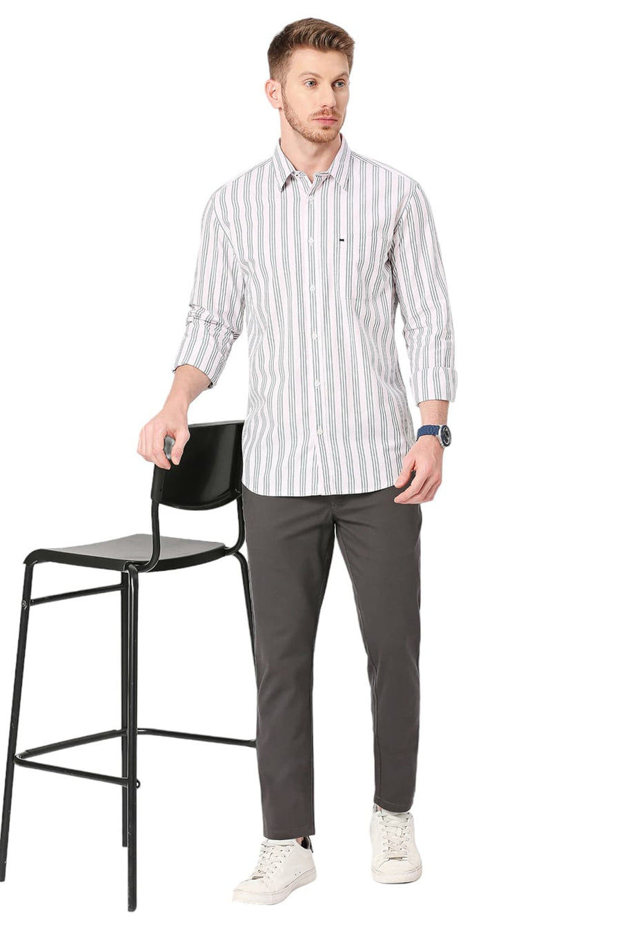 BASICS SLIM FIT PORCELAIN TURQUOISE COTTON OXFORD STRIPES SHIRT